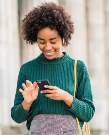 lady holding phone png